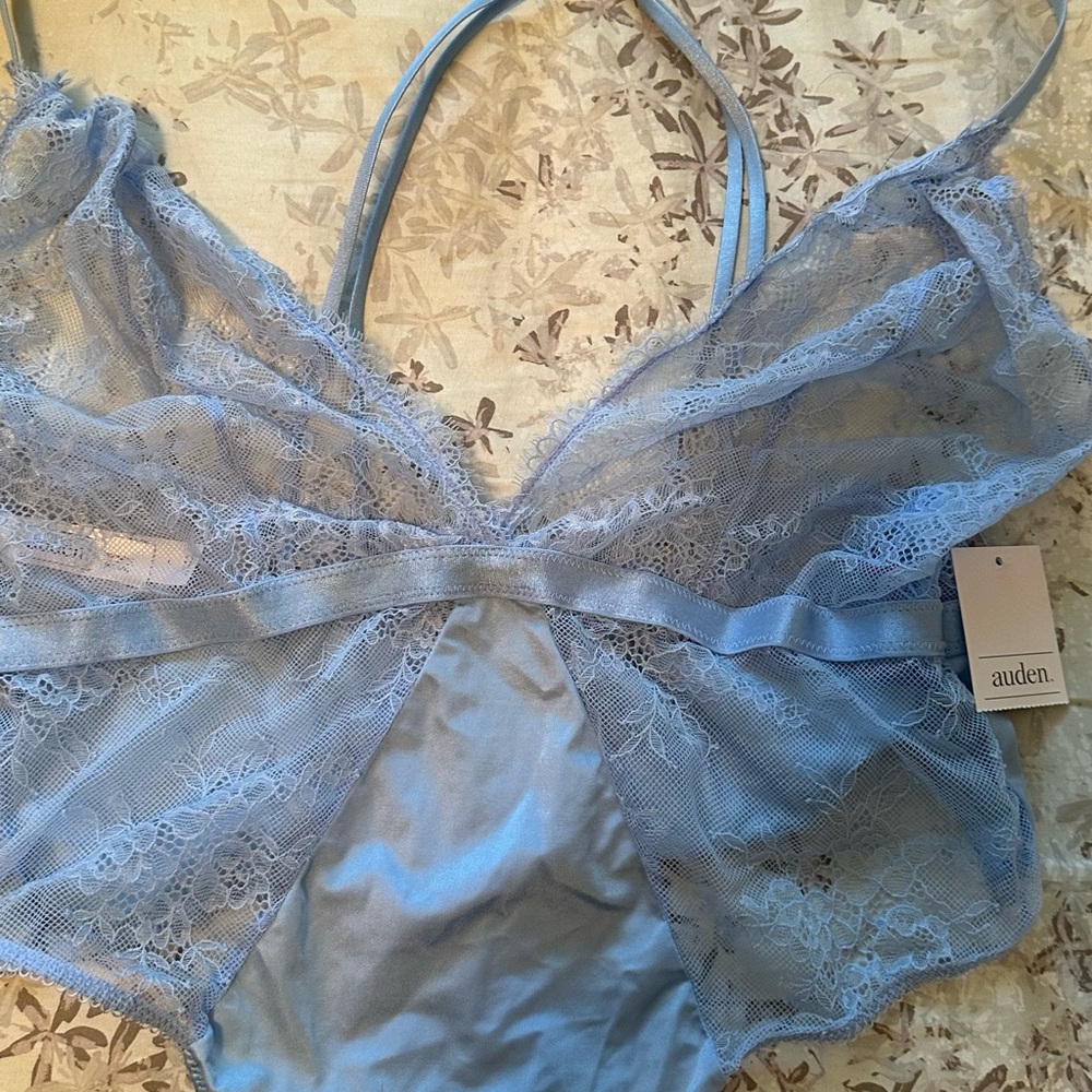 NWT Auden Women's Light Blue Lace Body suit with built in bra